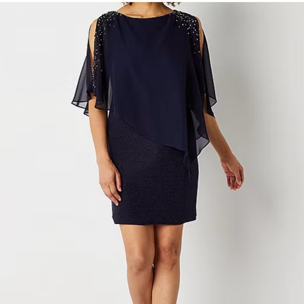 DJ Jaz Womens 3/4 Sleeve Embellished Sheath Dress Navy Blue Size 12 NWT